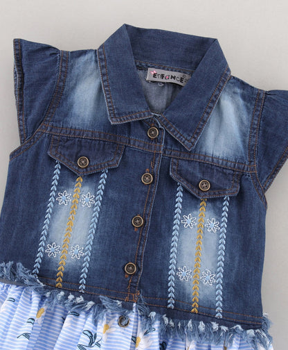 Enfance Cap Sleeves Embroidered With Floral & Stripes Print Flared Denim Yoke Dress -Skyblue