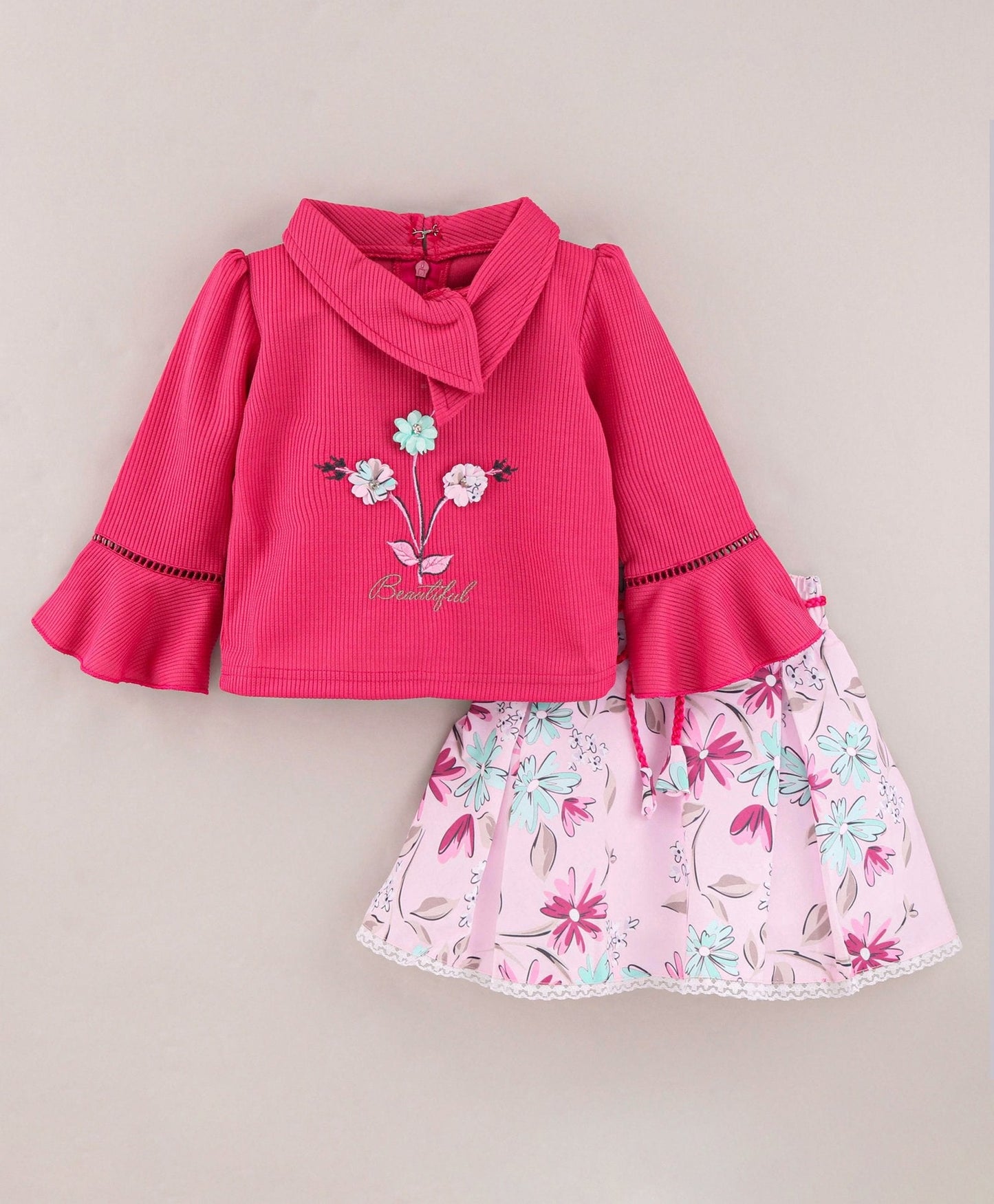 Enfance Full Bell Sleeves Flowers Emboridery  Top With  Printed Flared Skirt-D.Pink