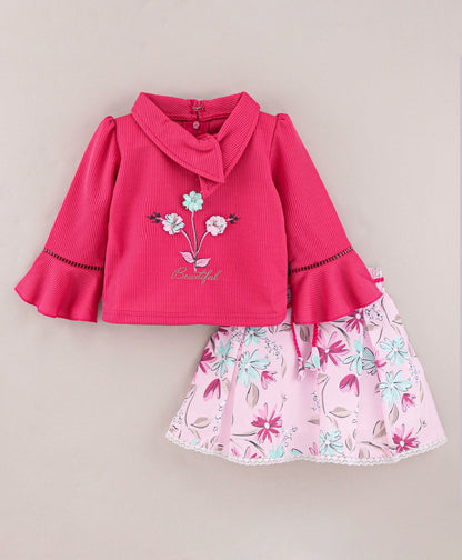 Enfance Full Bell Sleeves Flowers Emboridery  Top With  Printed Flared Skirt-D.Pink