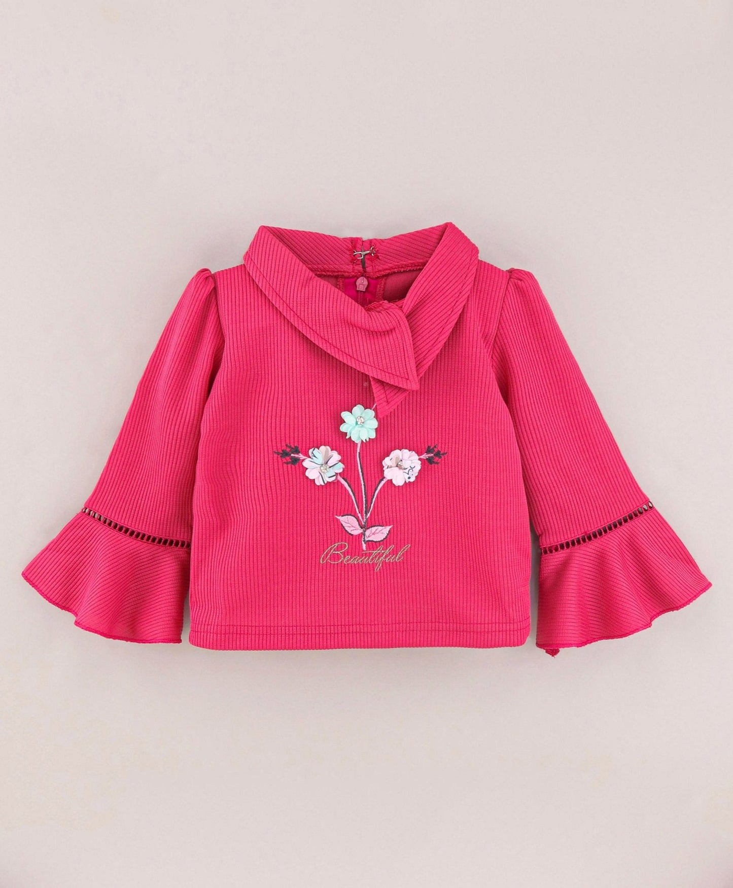 Enfance Full Bell Sleeves Flowers Emboridery  Top With  Printed Flared Skirt-D.Pink