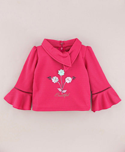 Enfance Full Bell Sleeves Flowers Emboridery  Top With  Printed Flared Skirt-D.Pink