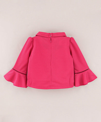 Enfance Full Bell Sleeves Flowers Emboridery  Top With  Printed Flared Skirt-D.Pink