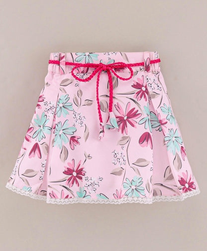 Enfance Full Bell Sleeves Flowers Emboridery  Top With  Printed Flared Skirt-D.Pink