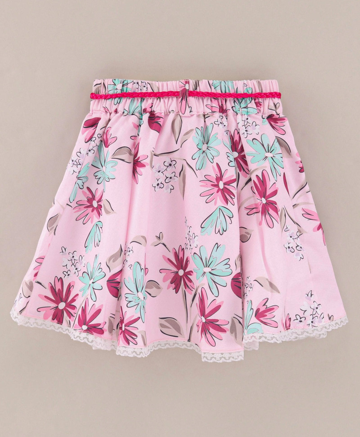 Enfance Full Bell Sleeves Flowers Emboridery  Top With  Printed Flared Skirt-D.Pink