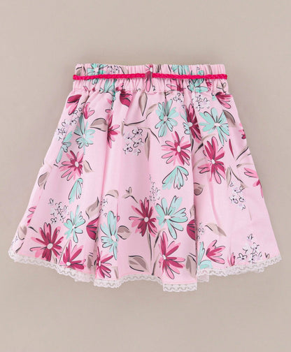 Enfance Full Bell Sleeves Flowers Emboridery  Top With  Printed Flared Skirt-D.Pink