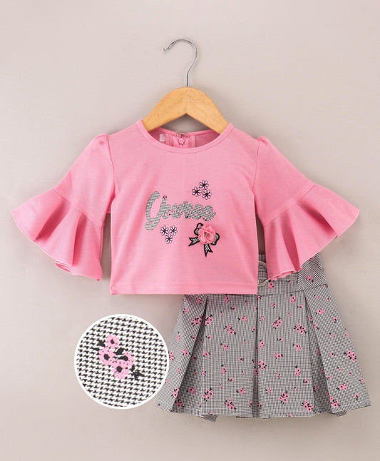 Enfance Full Sleeves  Applique Top With Pleated Floral & Stripes Printed Skirt Set-Pink