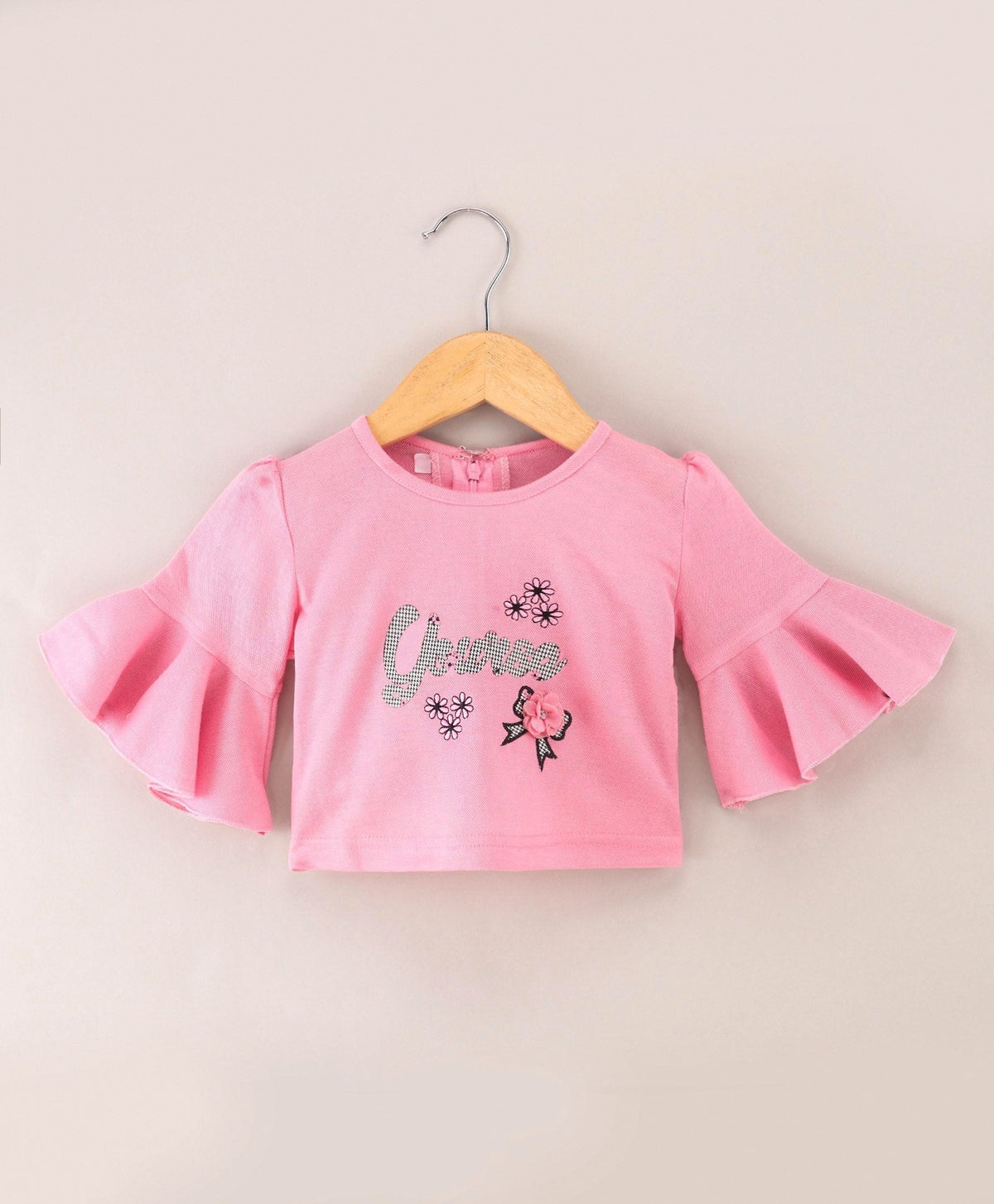 Enfance Full Sleeves  Applique Top With Pleated Floral & Stripes Printed Skirt Set-Pink