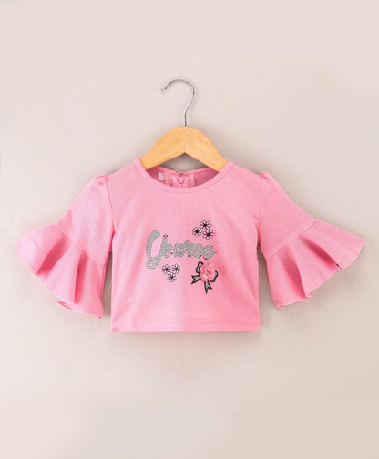 Enfance Full Sleeves  Applique Top With Pleated Floral & Stripes Printed Skirt Set-Pink