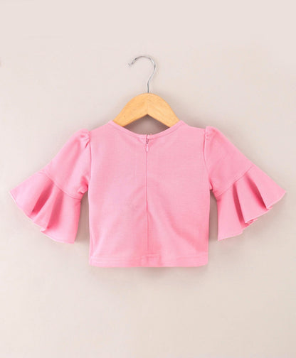 Enfance Full Sleeves  Applique Top With Pleated Floral & Stripes Printed Skirt Set-Pink