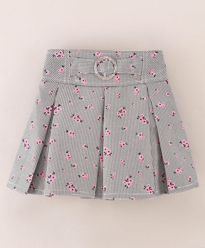 Enfance Full Sleeves  Applique Top With Pleated Floral & Stripes Printed Skirt Set-Pink