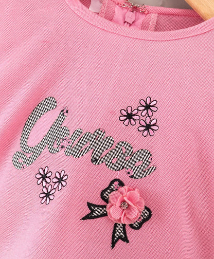Enfance Full Sleeves  Applique Top With Pleated Floral & Stripes Printed Skirt Set-Pink