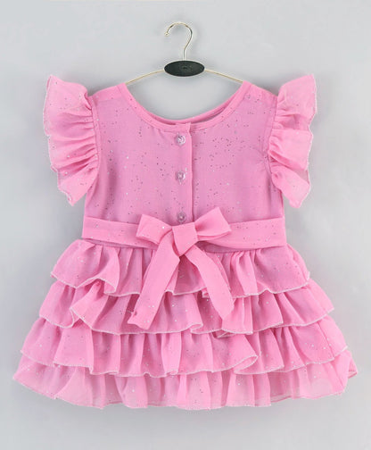Enfance Core Cap Frill Sleeves Tiny Foil Dots Print Layered Dress  -O.Pink