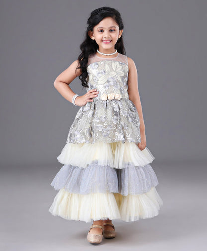 Enfance Sleeveless Glitter Flower Embellished Layered Gown -Grey