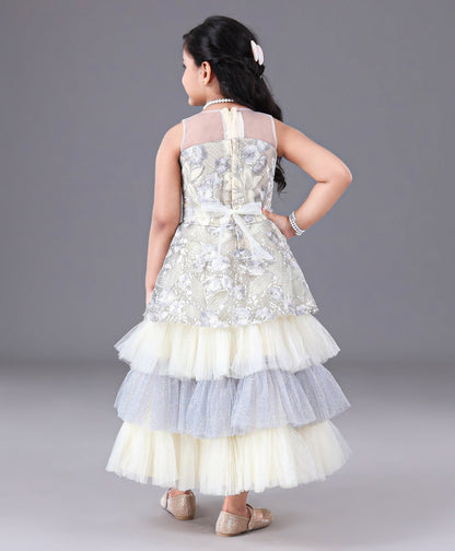 Enfance Sleeveless Glitter Flower Embellished Layered Gown -Grey