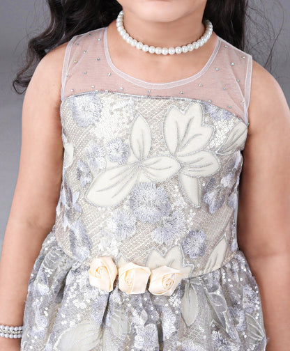 Enfance Sleeveless Glitter Flower Embellished Layered Gown -Grey