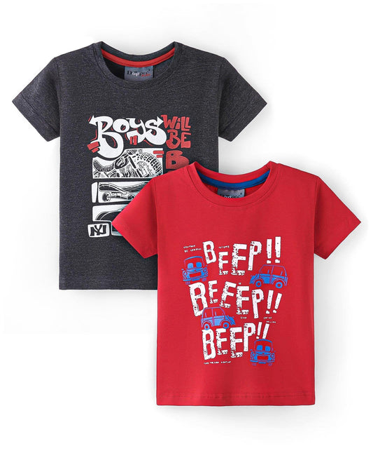 Dapper Dudes Half Sleeves Boys & Beep Print Tees - Red  D.Grey