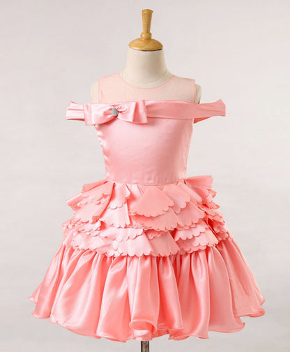 Enfance Mesh Yoke Cold Shoulder Bow Applique Party Dress -Peach