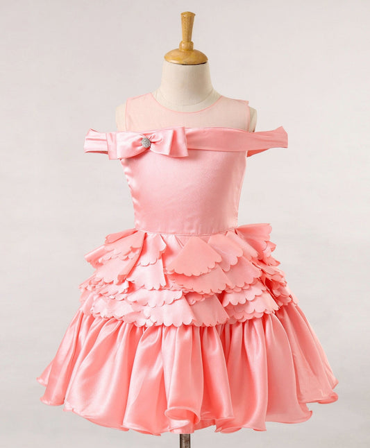 Enfance Mesh Yoke Cold Shoulder Bow Applique Party Dress -Peach