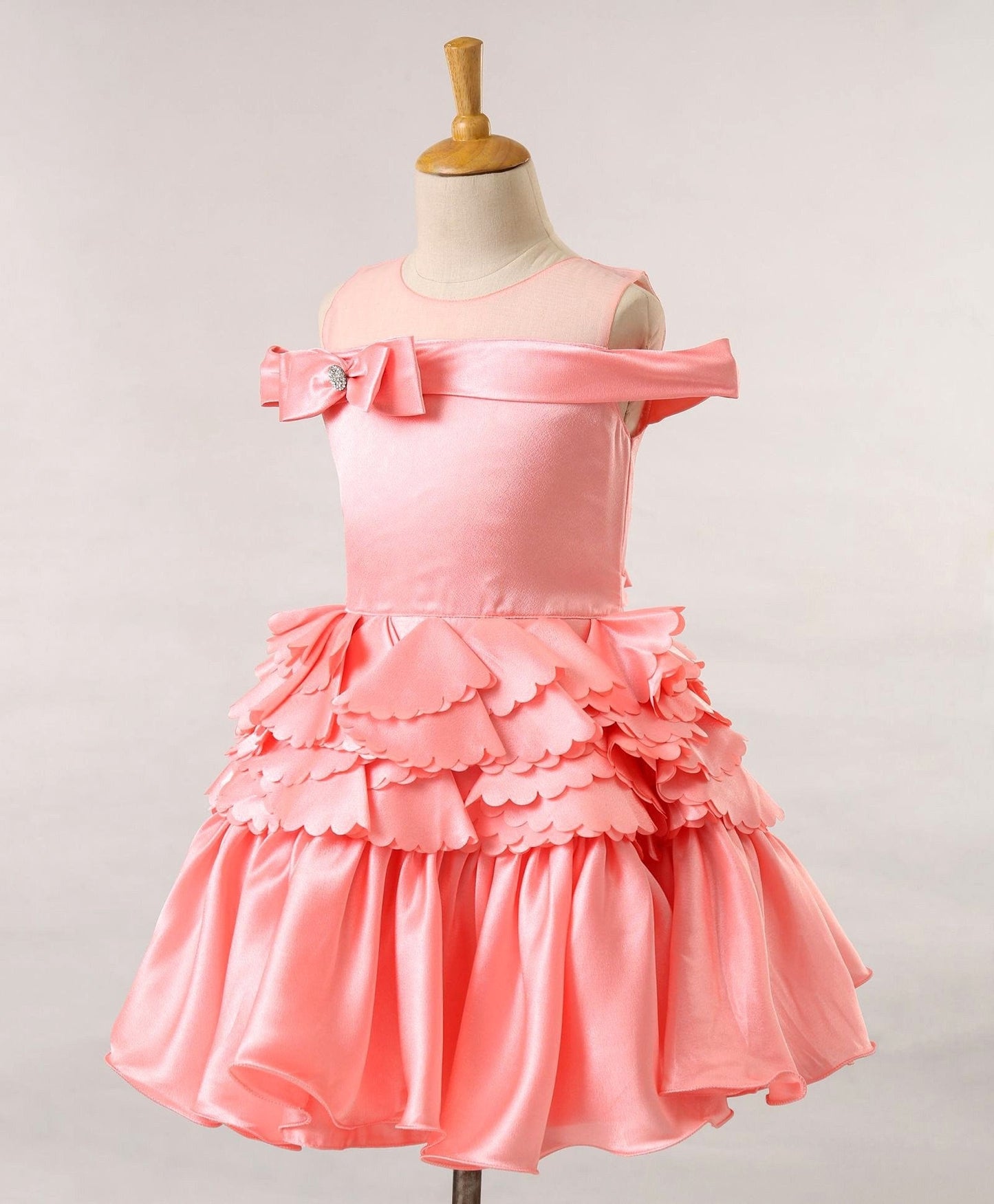 Enfance Mesh Yoke Cold Shoulder Bow Applique Party Dress -Peach