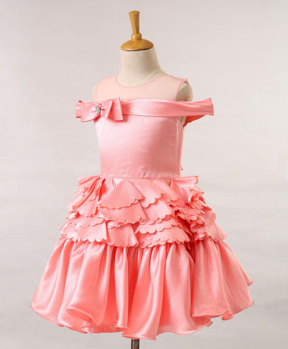 Enfance Mesh Yoke Cold Shoulder Bow Applique Party Dress -Peach