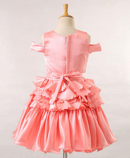 Enfance Mesh Yoke Cold Shoulder Bow Applique Party Dress -Peach