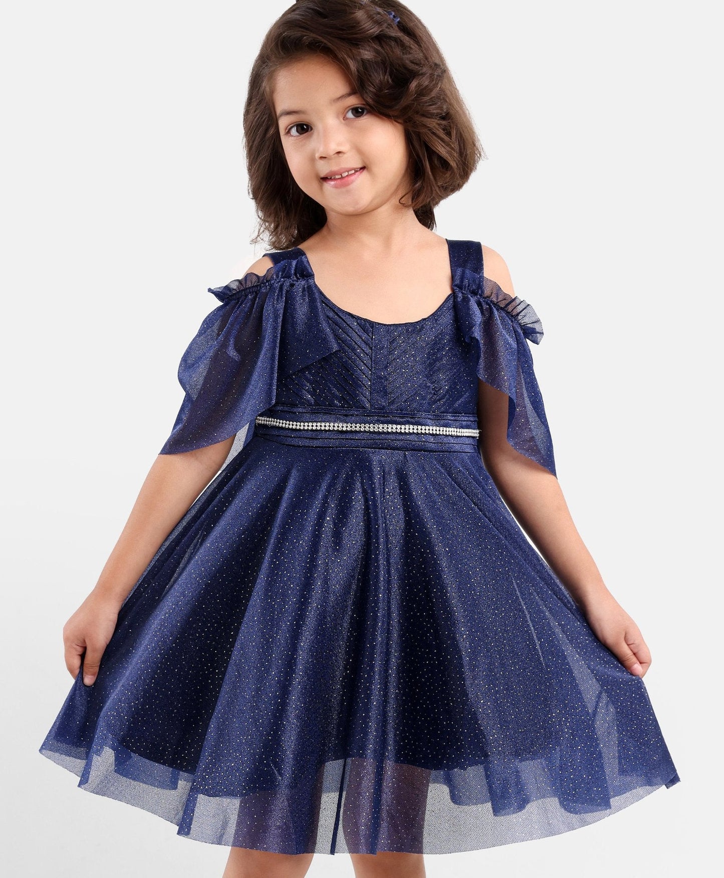 Enfance Sleeveless Glittered Pleated Ruched Detail Flared Dress With Head Band  -Navy