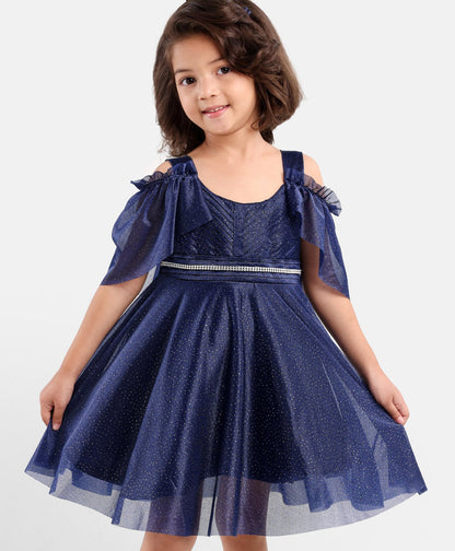 Enfance Sleeveless Glittered Pleated Ruched Detail Flared Dress With Head Band  -Navy