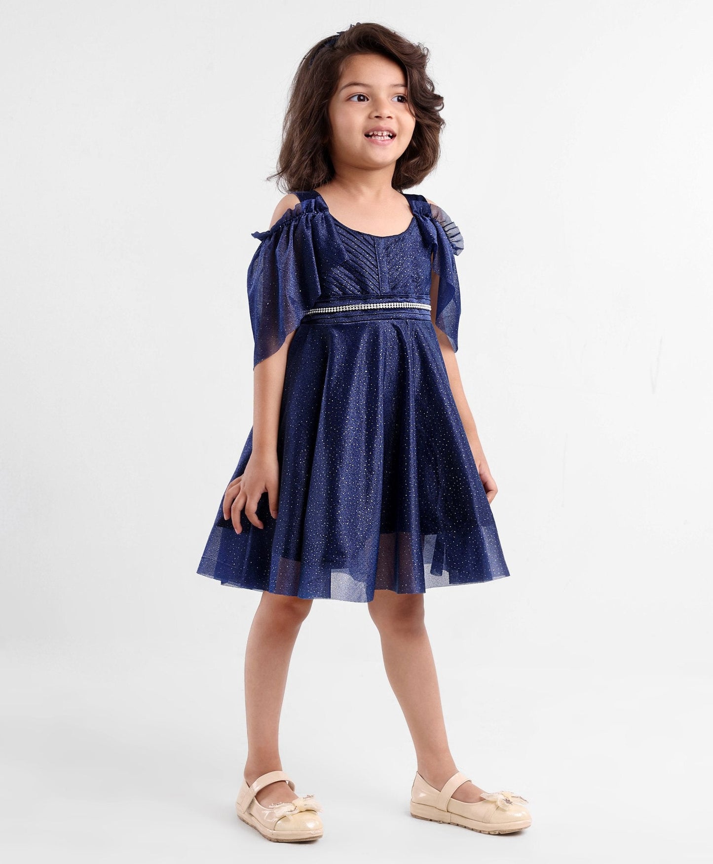 Enfance Sleeveless Glittered Pleated Ruched Detail Flared Dress With Head Band  -Navy