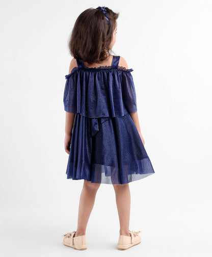 Enfance Sleeveless Glittered Pleated Ruched Detail Flared Dress With Head Band  -Navy