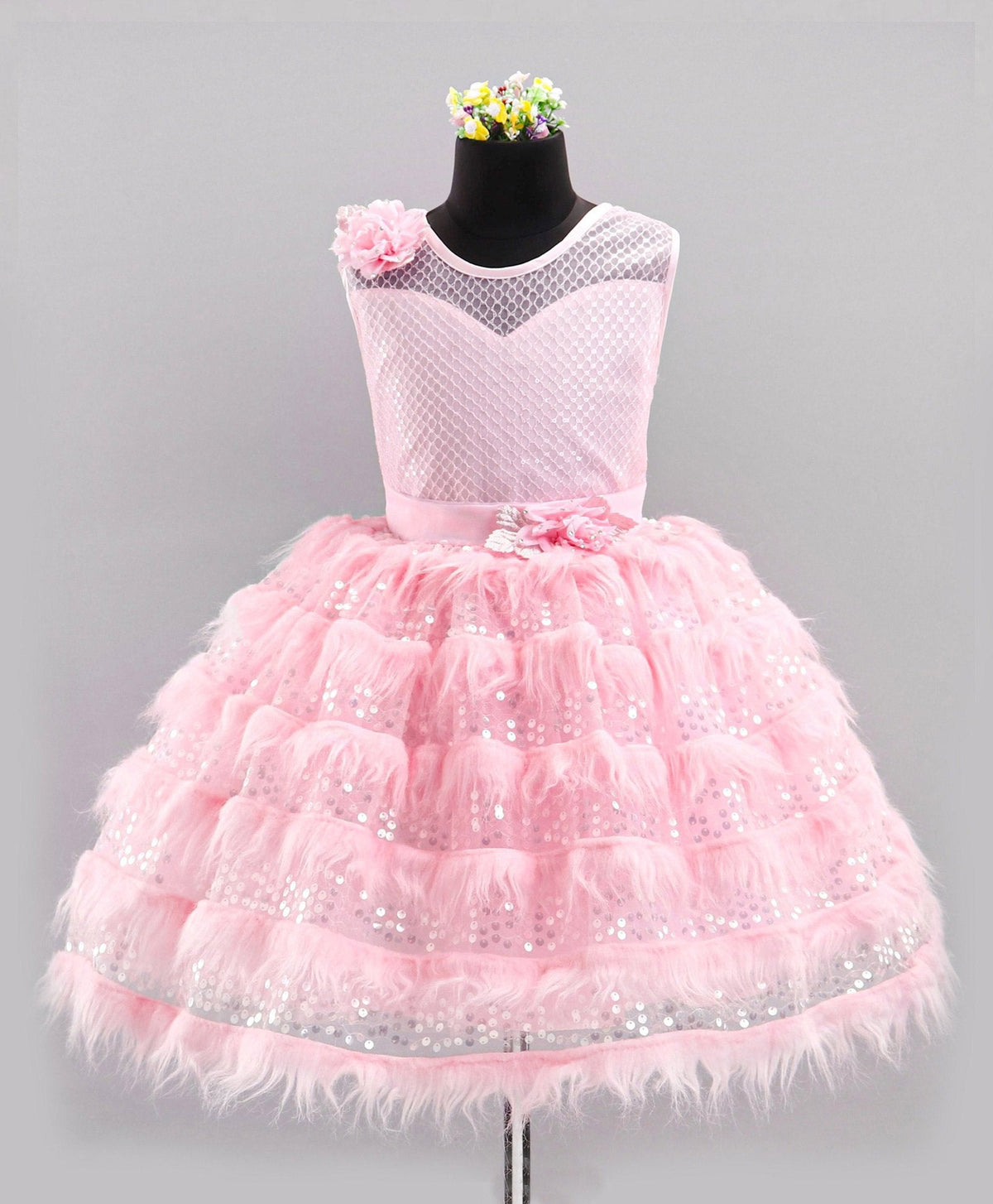 Enfance Sleeveless Moroccan Designed Bodice With Fur & Sequin Layer Detailed Fit & Flare Flower Applique Embellished Dress -Peach
