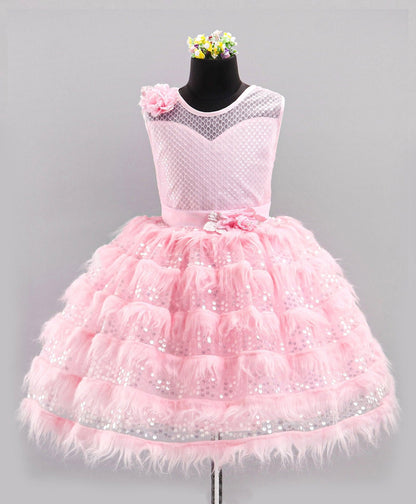 Enfance Sleeveless Moroccan Designed Bodice With Fur & Sequin Layer Detailed Fit & Flare Flower Applique Embellished Dress -Peach