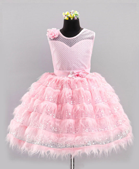Enfance Sleeveless Moroccan Designed Bodice With Fur & Sequin Layer Detailed Fit & Flare Flower Applique Embellished Dress -Peach