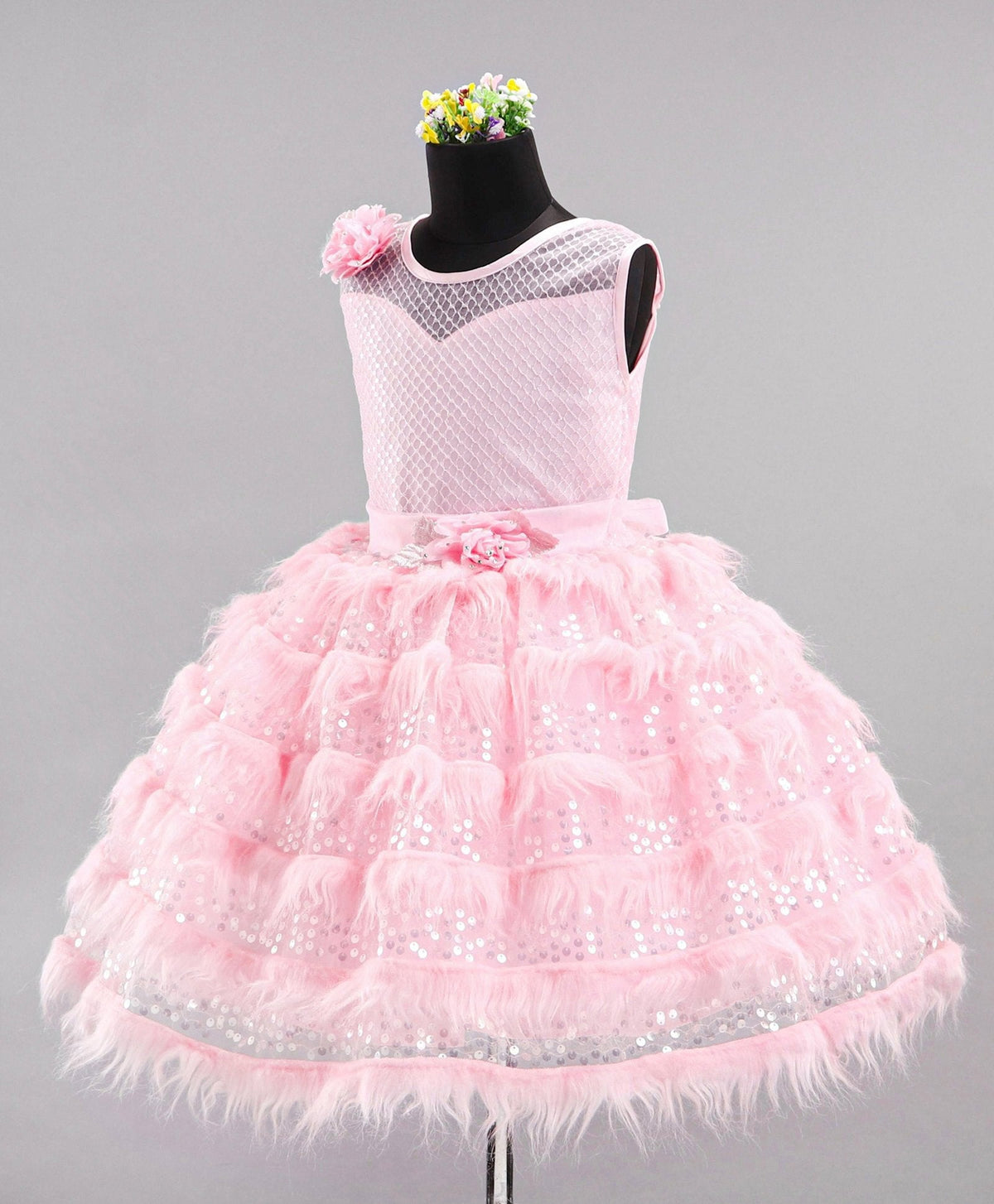 Enfance Sleeveless Moroccan Designed Bodice With Fur & Sequin Layer Detailed Fit & Flare Flower Applique Embellished Dress -Peach
