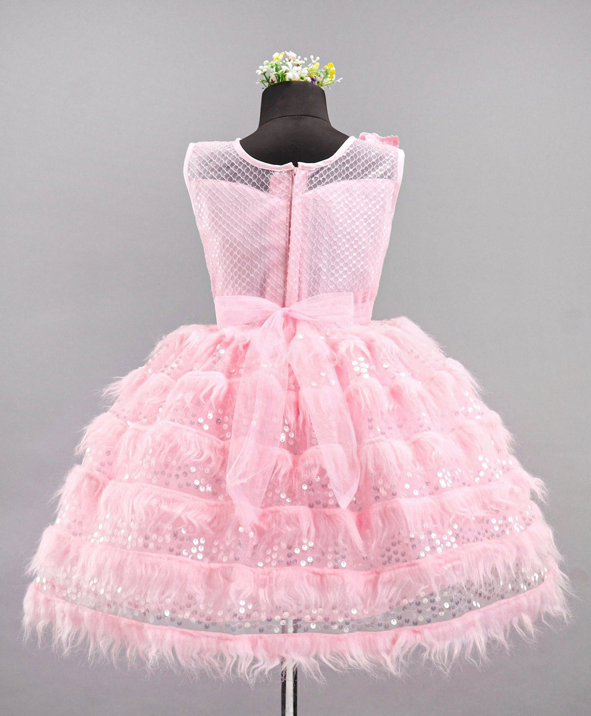 Enfance Sleeveless Moroccan Designed Bodice With Fur & Sequin Layer Detailed Fit & Flare Flower Applique Embellished Dress -Peach