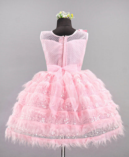 Enfance Sleeveless Moroccan Designed Bodice With Fur & Sequin Layer Detailed Fit & Flare Flower Applique Embellished Dress -Peach