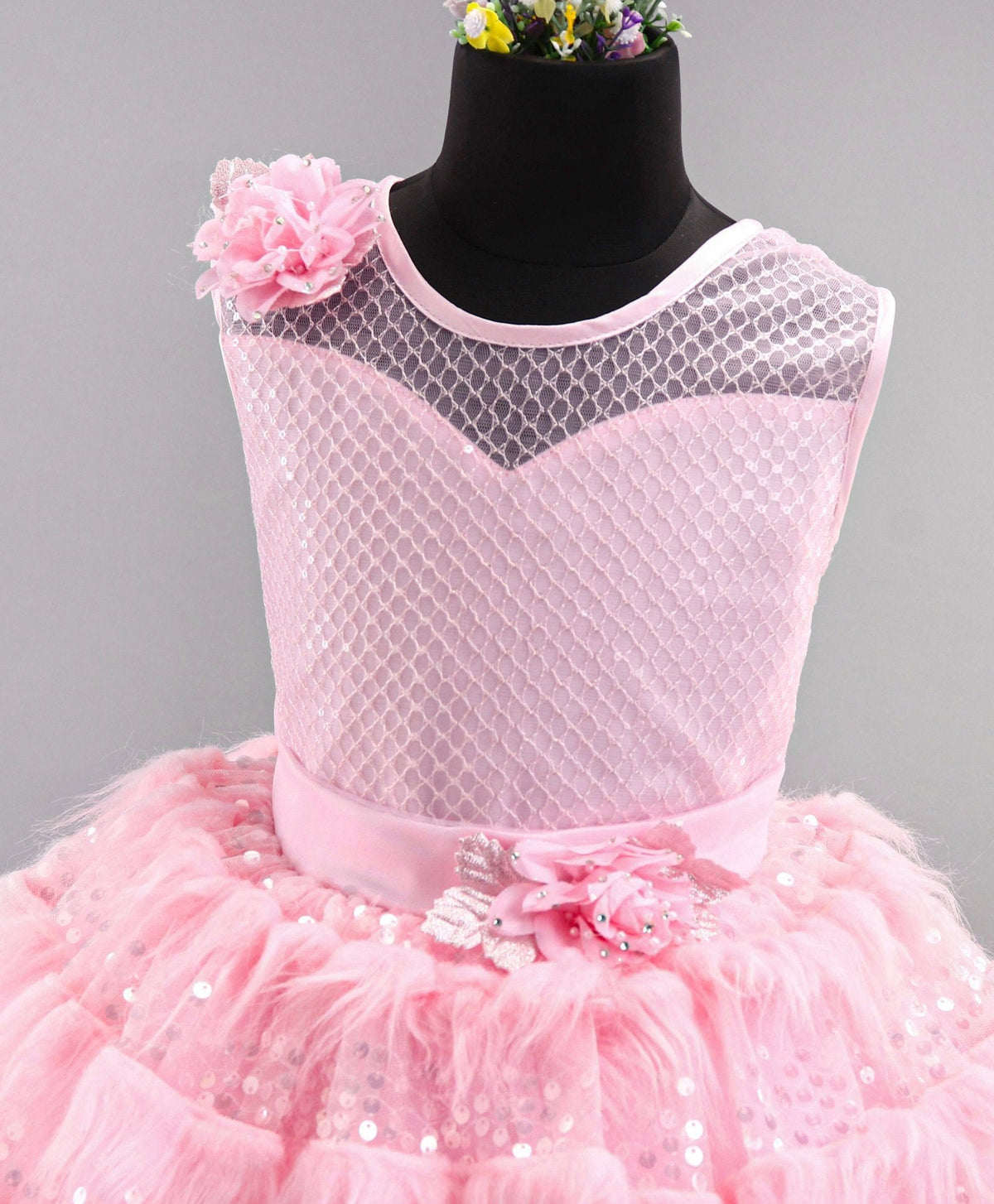 Enfance Sleeveless Moroccan Designed Bodice With Fur & Sequin Layer Detailed Fit & Flare Flower Applique Embellished Dress -Peach