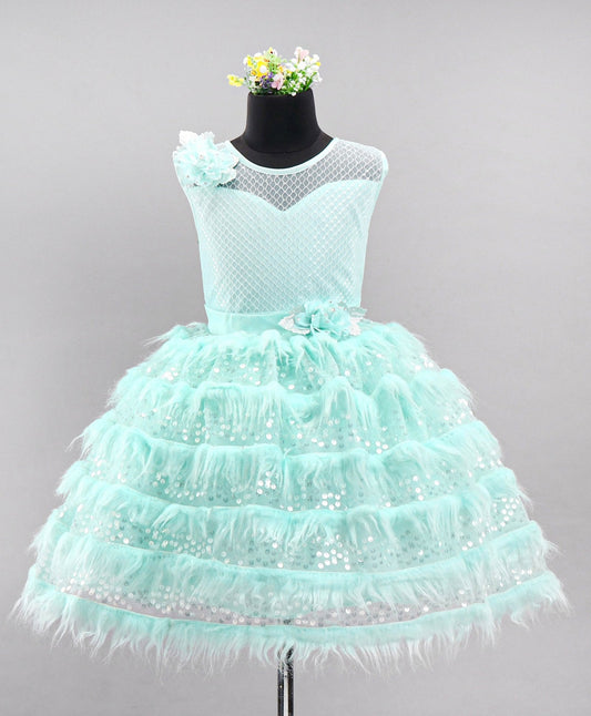 Enfance Sleeveless Moroccan Designed Bodice With Fur & Sequin Layer Detailed Fit & Flare Flower Applique Embellished Dress -S.Green