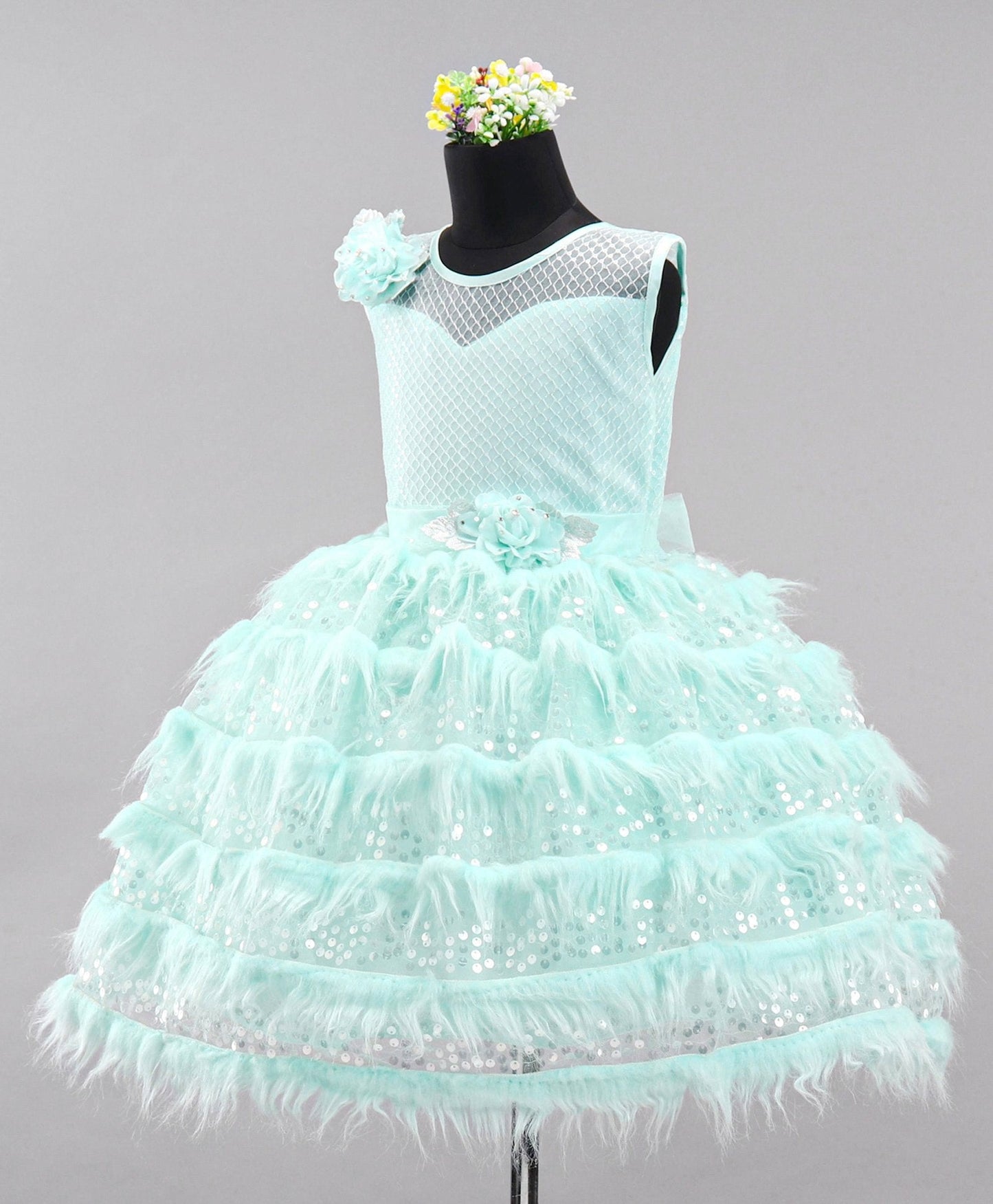 Enfance Sleeveless Moroccan Designed Bodice With Fur & Sequin Layer Detailed Fit & Flare Flower Applique Embellished Dress -S.Green