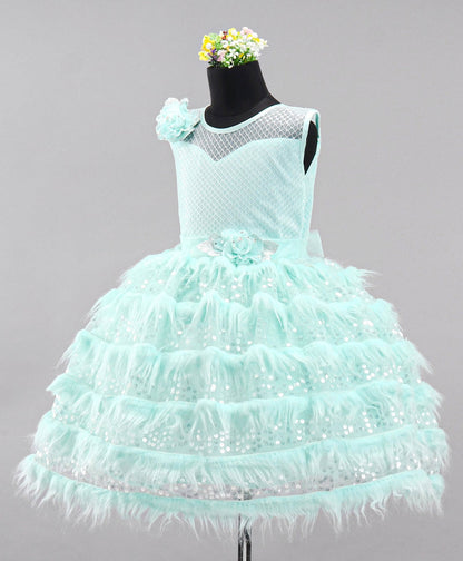 Enfance Sleeveless Moroccan Designed Bodice With Fur & Sequin Layer Detailed Fit & Flare Flower Applique Embellished Dress -S.Green
