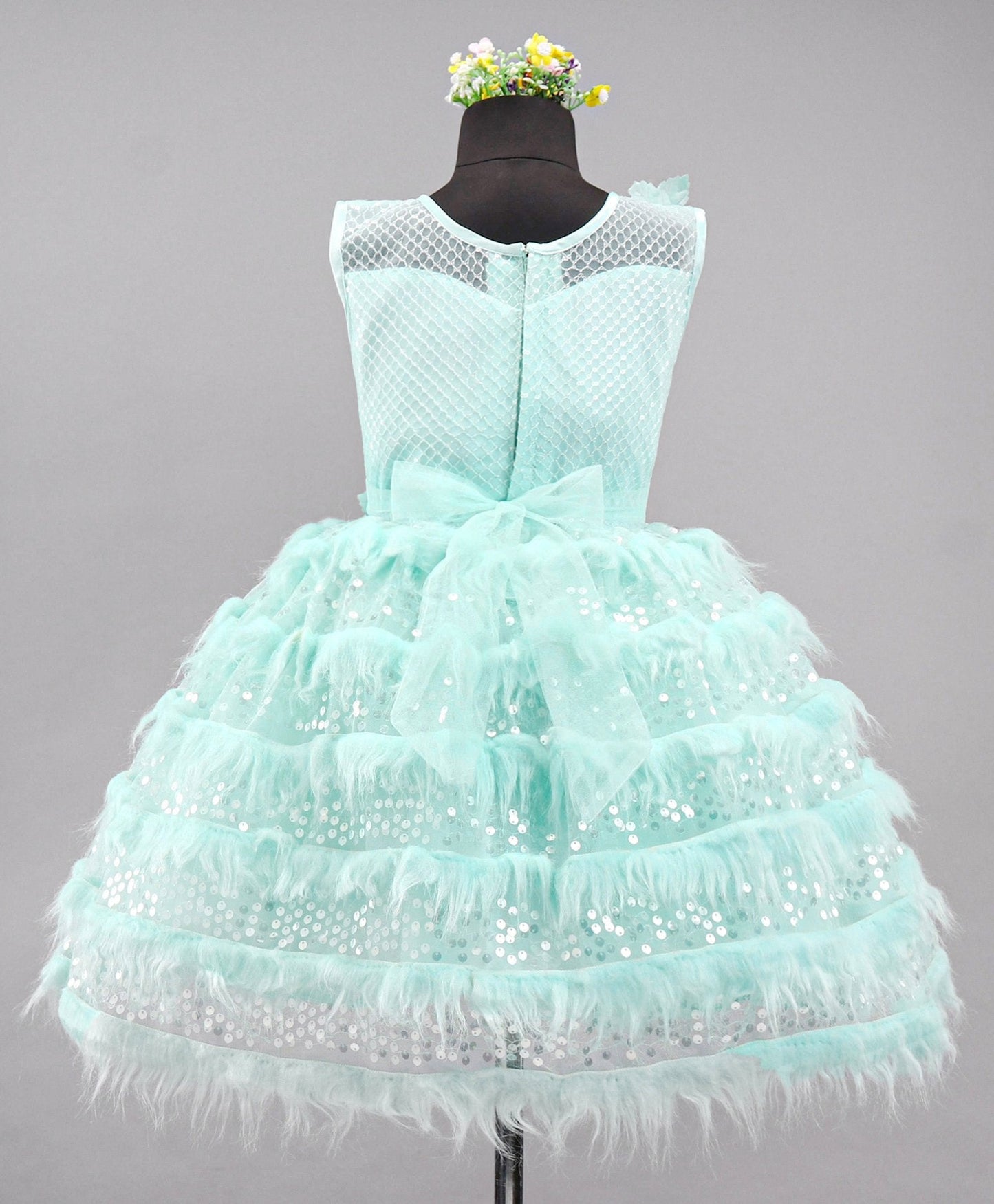 Enfance Sleeveless Moroccan Designed Bodice With Fur & Sequin Layer Detailed Fit & Flare Flower Applique Embellished Dress -S.Green