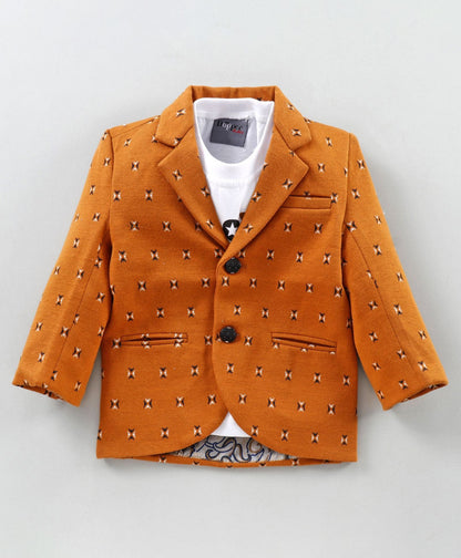 Dapper Dudes Full Sleeves Printed Blazer With Tee  - Mustard