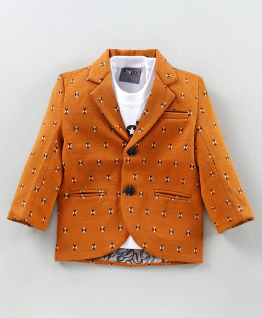 Dapper Dudes Full Sleeves Printed Blazer With Tee  - Mustard