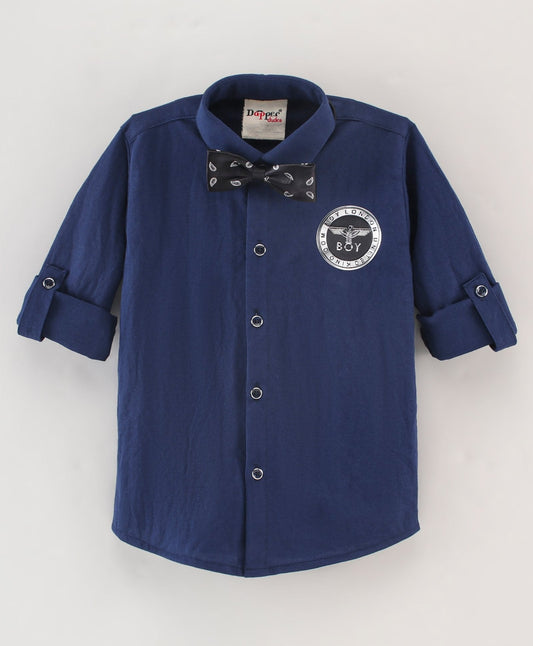 Dapper Dudes Full Sleeves Solid Shirt With Bow - Navy