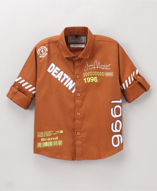 Dapper Dudes Full Sleeves Text Print Shirt - Brown