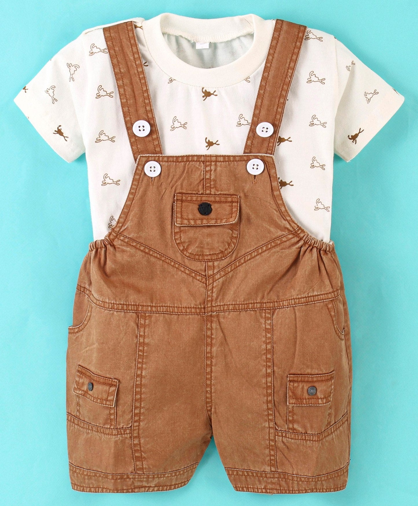 Dapper Dudes Half Sleeves Abstract Print Tee With Dungaree - D.Coffee