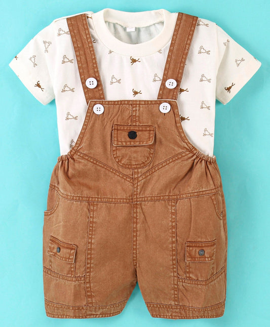 Dapper Dudes Half Sleeves Abstract Print Tee With Dungaree - D.Coffee