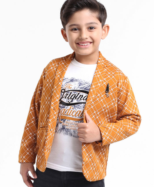 Dapper Dudes Full Sleeves Geometric Print Blazer With Tee - Mustard