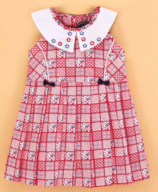 Enfance Sleeveless Floral And Checks Print Dress -Red