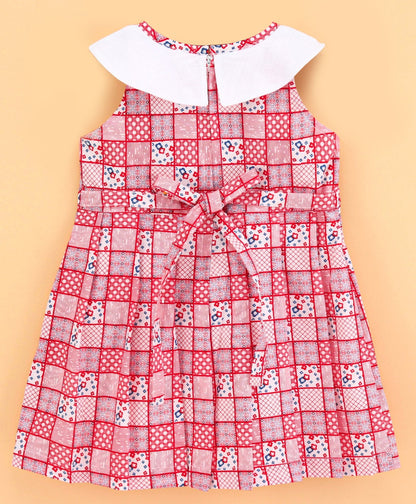 Enfance Sleeveless Floral And Checks Print Dress -Red