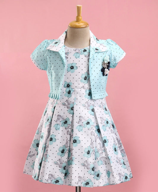 Enfance Sleeveless Flower Printed Pleated Dress With Short Puffed Sleeves Floral Applique Shrug Polka Dotted Set -Sea Green